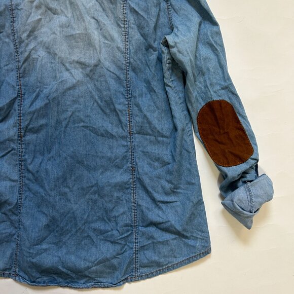 Ci Sono Western Pearl Snap Denim Shirt Womens M Faded Elbow Patch Boho Roll Tab - Picture 14 of 16